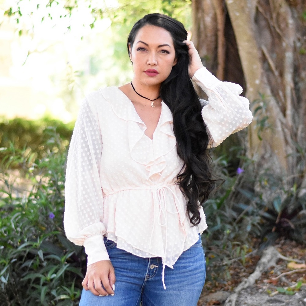 Long Sleeve Cream Swiss Dot Blouse - Picture 2 of 3